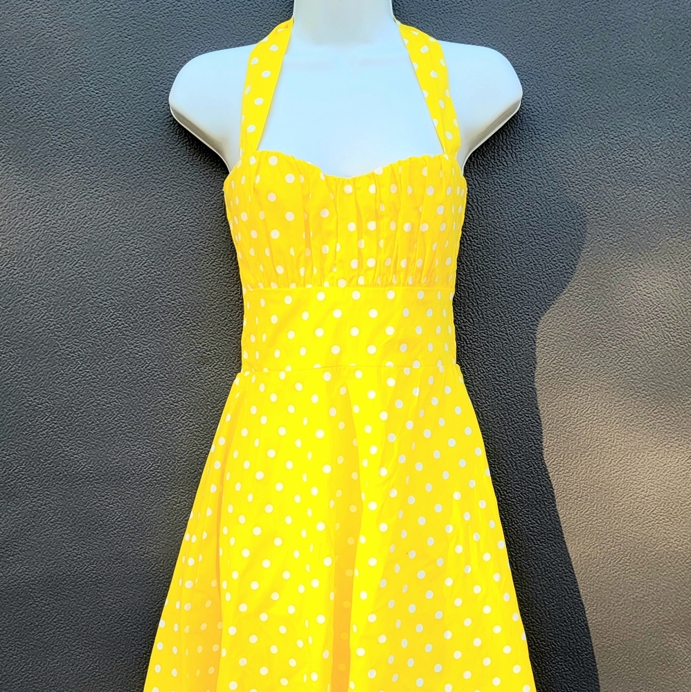 Brand New Bright Yellow & White Vintage-Style Polka Dot Halter Dress Size Small